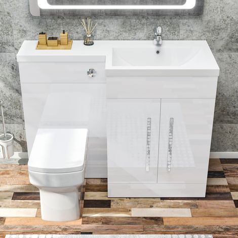 ELEGANT 1100mm L Shape Right Hand Bathroom Vanity Sink Unit Furniture Storage,High Gloss White Vanity unit + Basin + Ceramic Square Toilet with Concealed Cistern (1/5)