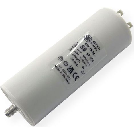 Ducati Energia – Condensateur permanent 55µF à cosses Faston 6,3mm – Ø45,5x117mm – Pour moteurs électriques et pompes – Homologué VDE EN60252-1