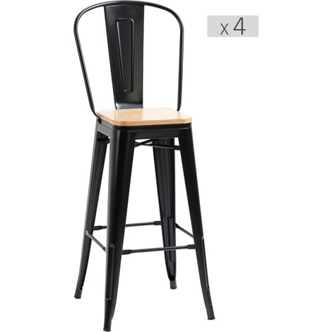 Tabourets de bar industriels métal noir 76 cm hauteur assise lot de 4 avec dossier repose-pied panneaux multicouches imitation bois clair