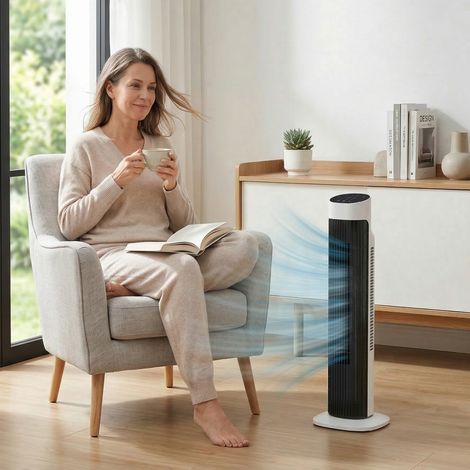 Ventilador de torre para dormitorio, oscilación de 70°, pantalla LED, mando a distancia, temporizador de 12 horas, blanco y negro.