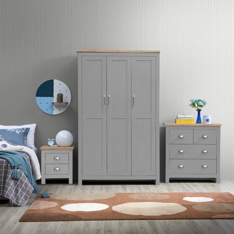 3 Piece Bedroom Furniture Set Grey 3 Door Wardrobe 2+2 Chest 2 Drawer Bedside Table Oak Top (1/5)