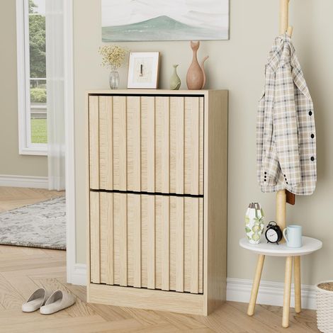 UEV Armoire à Chaussures avec 2 Abattants, Meuble à Chaussures Inclinable, Étagère Réglables et Amovibles, Motif en Ligne, pour Entrée, Couloir, Salon, 52 x 24 x 86,5 cm, Naturel