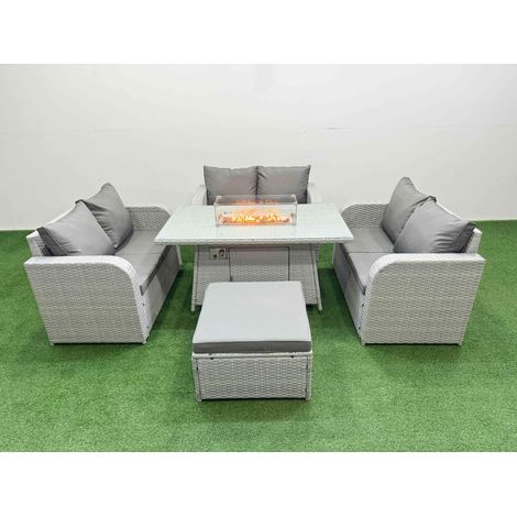 Fimous  7 Seater PE Wicker Rattan Furniture Sofa Sets with Firepit Dining Table 2 Seater Love Sofa Big Footstool Light Grey (1/4)