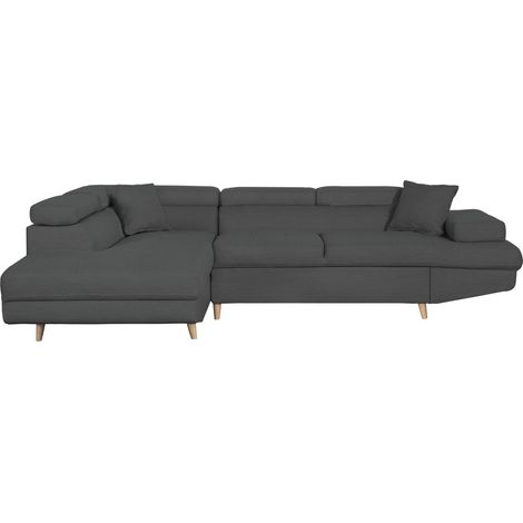 Canapé d'angle gauche convertible RIO Scandinave avec coffre en tissu - Gris foncé, Pieds bois (1/5)
