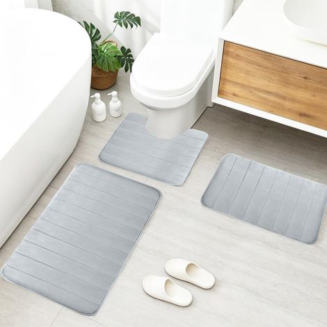 Lot de 3 tapis de salle de bain en mousse à mémoire de forme - Tapis de bain doux et tapis WC en U avec découpe - Antidérapant et absorbant - Lavable - Gris clair (1/5)