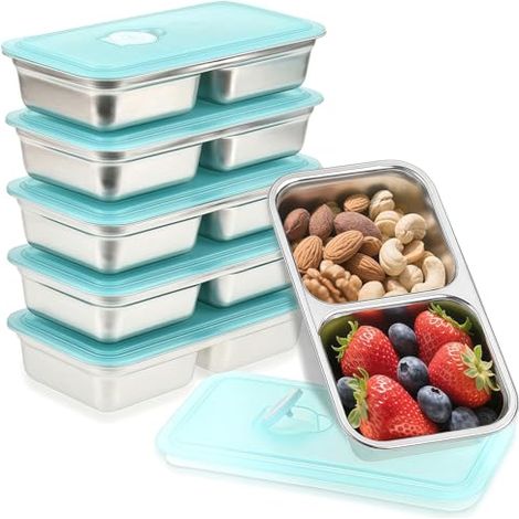 Boîte À Collation En Acier Inoxydable - 6 Pièces - 2 Compartiments Par Boîte - Étanche - Pour Préparation De Repas Et Déplacements (1/5)