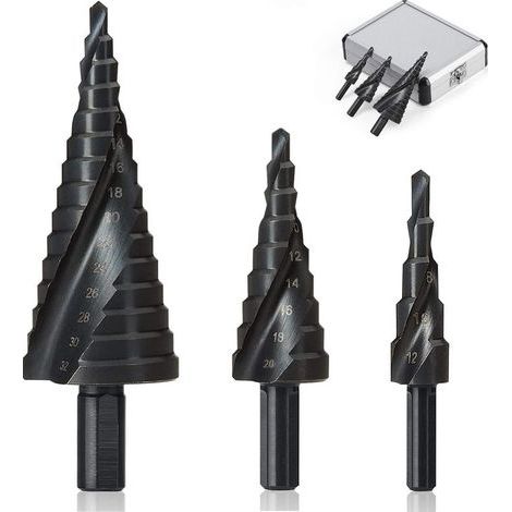 3Pcs Foret Étagé 4-12/20/32mm, Foret Fraise Meche Etage, HSS Inox Metal, Triangle Conique Titane, avec Tige Hexagone, pour Visseuse Percage sur Acier, Laiton, Bois, Plastique (1/5)