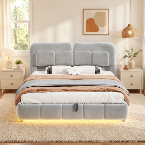 Cama tapizada 140x200 cm en terciopelo gris con LED y arcón hidráulico, cómoda y elegante (1/5)