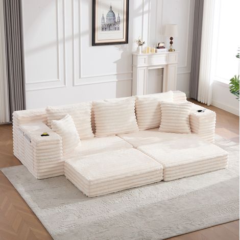 Divano letto in tessuto a coste beige 273x98x87 cm con schienale alto, tasche laterali e portabicchieri (1/5)