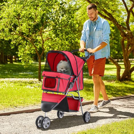 Carriette poussette pliante pour chiens chats jusqu’à 10kg, couleur rouge, panier rangement, porte-gobelet, coussin, filet fenêtres