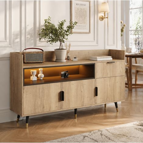 REDOM - Credenza 160x35x82 cm, ripiano aperto, cassetto centrale, ante, legno ingegnerizzato, naturale (1/5)