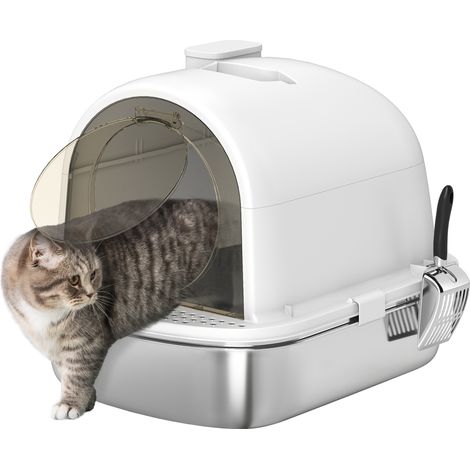 Katzentoilette aus Edelstahl mit geruchsneutralisierendem Beuteldeckel und leicht zu reinigender Schaufel, 52,4 x 41,3 x 39,9 cm, Weiß