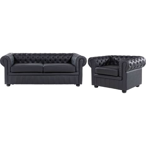Sofa Set 4-Sitzer CHESTERFIELD Echtleder Schwarz