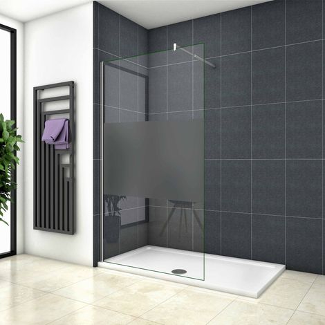 Paroi de douche à l'italienne en 8mm verre securit et sablé au centre, Océan paroi de douche 100x200cm avec une barre de fixation ronde en 70-120cm (1/5)