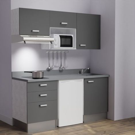 Kitchenette K20L - 180 cm - emplacements frigo, micro-ondes et hotte-Gris-Cromo-évier à droite