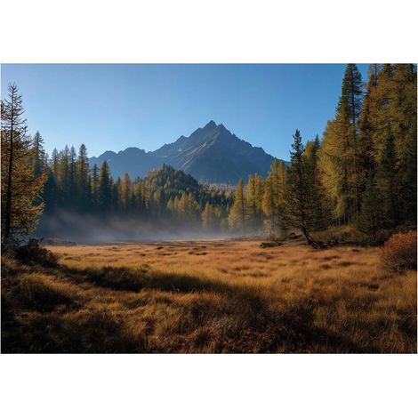 Fototapete Berge Wald Landschaft Natur – Großformat Wandtapete 150x105 cm – Für Wohnzimmer & Schlafzimmer