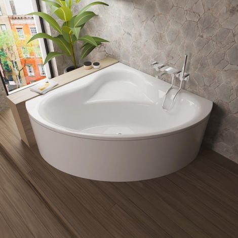 ECOLAM Baignoire d'angle Bala 120x120cm avec surface antidérapante + tablier  bonde de vidage pieds + silicone  baignoire moderne avec siège  Set complet (1/5)