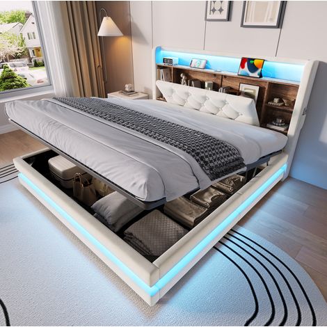 Cama con arcón 140 x 200 cm con LED, USB-C y cabecero con almacenaje beige DESVIAE (1/5)