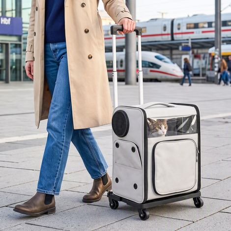 Sac de Transport pour Chat 2-en-1 à Roulettes Pliable Extensible Ventilé Soutien Lombaire Respirant 34x28x43cm Gris (1/5)