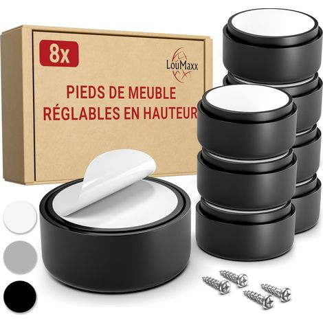Pied de Meuble Réglable Noir - Lot de 8 Pieds pour Meuble Ø 53,5 mm - Rehausseur de Meuble Plastique à Coller ou Visser - Pieds Réglables INCL. Montage (1/5)
