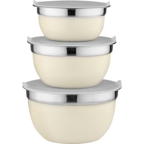 Bols en Acier Inoxydable avec Couvercles (Set de 3) I Tailles: 14, 16, 18 cm I Bol avec Couvercle Hermétique I Résistant au Lave-Vaisselle I Idéal pour la Pâtisserie et la Cuisine I Beige (1/5)