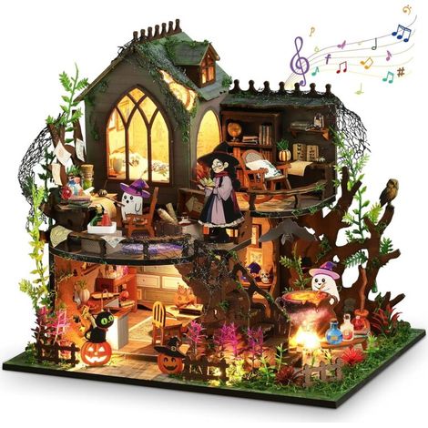 Halloween Ensemble de Maison Miniature, DIY Maison Miniature Jardin, 3D Maison de Poupées Miniature en Bois avec Meubles et Lumières LED pour Maison Cadeaux Créatifs,Idéal pour les festivals et les ré (1/5)
