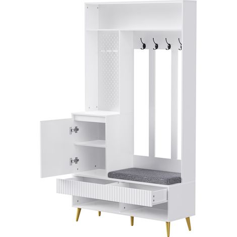 Weiße MDF-Garderobe mit Bank, 4 Haken, 2 Schubladen, 1 Tür, 100 x 35 x 180 cm (1/5)