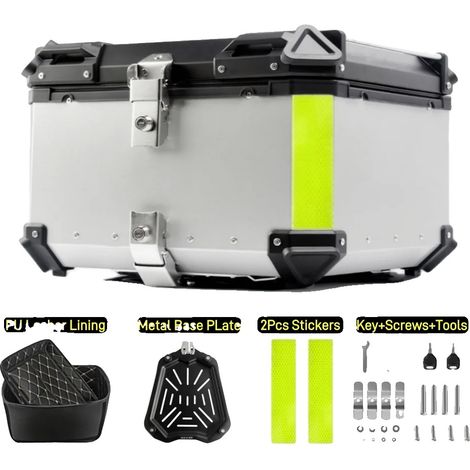 Coffre de moto, boîtier en aluminium durable, compatibilité universelle, 65L-Argent (1/2)