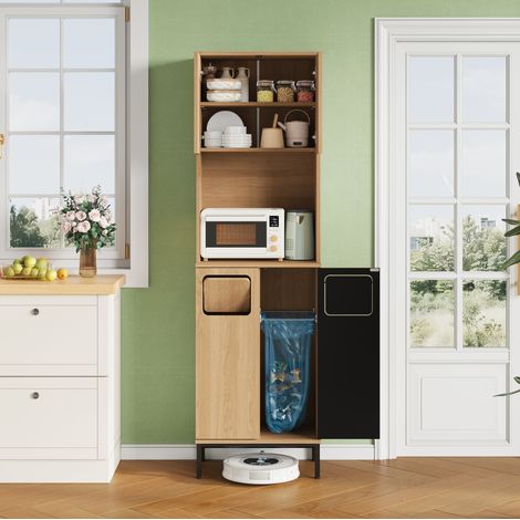 Credenza alta 53x35x181 cm con vano rifiuti, vano microonde, MDF effetto rovere, nero naturale (1/5)