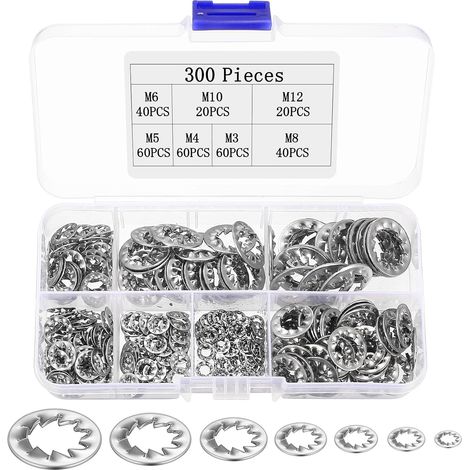 Lot de 300 rondelles de sécurité, rondelles dentelées, rondelles de serrage, rondelles en acier inoxydable, rondelles métalliques, assortiment d'anneaux élastiques dentelés, M3, M4, M5, M6, M8, M10