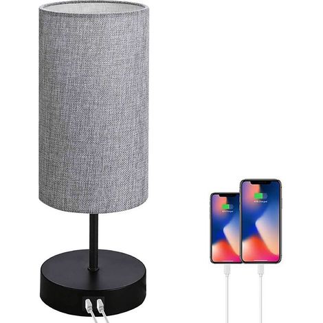 Lampe chevet intensité variable, 2 ports USB + 1 prise, abat-jour tissu gris, ampoule E26 7W incluse, pour chambre salon bureau (1/5)