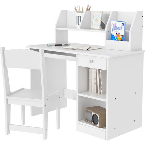 Weißer Kinderschreibtisch (90 x 45 x 90 cm) mit ergonomischem Stuhl, ausziehbarer Tastatur, Schublade, Fächern und Regalen