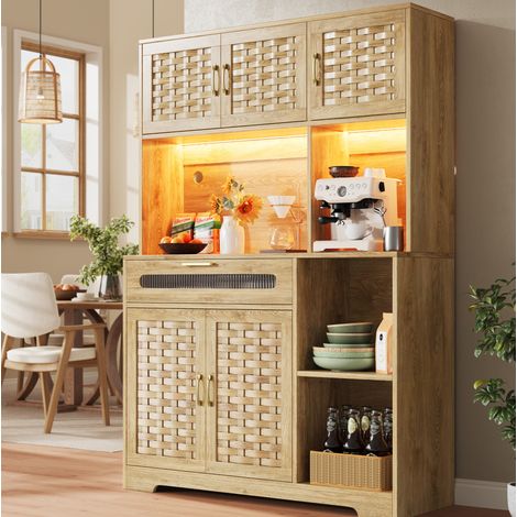 Hochschrank 120x40x180 cm natur aus MDF, Glas und Metall mit LED-Beleuchtung und verstellbaren Fächern (1/5)