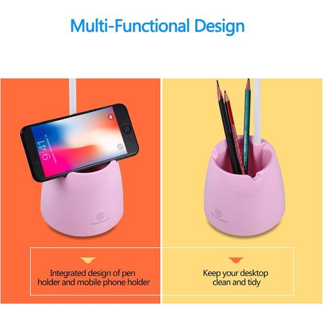 Lampe de Bureau, lampe table LED 3 modes d'éclairage et capteur tactile, lampe bureau rotation à 360 ° à intensité variable pour la lecture, l'étude, le travail (Rose) (1/4)
