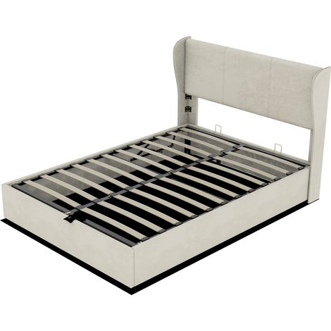 Lit rembourré moderne minimaliste, 140x200 cm, beige, meuble de chambre multifonction avec tête de lit douce et confortable, base de rangement haute avec mécanisme de levage à gaz, matelas non inclus. (1/5)