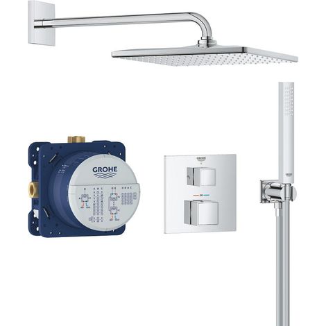 Set de ducha empotrado Precision Cube con grifo termostático + ducha de techo + ducha de mano, cromo (G34879000)