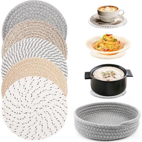 set of 5 round cotton heat-resistant mats (20 cm each) – waterproof and heat-resistant, suitable for frying pans, cooking pots, and vases. (1/5)
