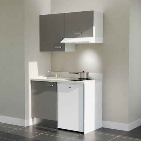 Kitchenette K01L - 120 cm - plan monobloc évier intégré Snova- évier à gauche - Façades Gris + Electroménager inclus coloris Blanc