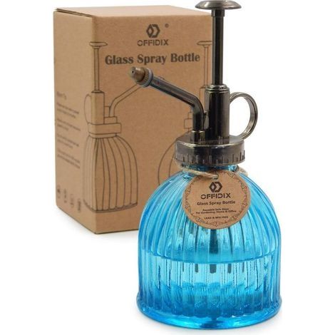 Bouteille de pulvérisation d'arrosage en Verre Bleu Clair, 6,5 Pouces de Haut Spritzer de Style Vintage avec Pompe en Plastique Bronze Top Arrosoir Une Main (1/4)