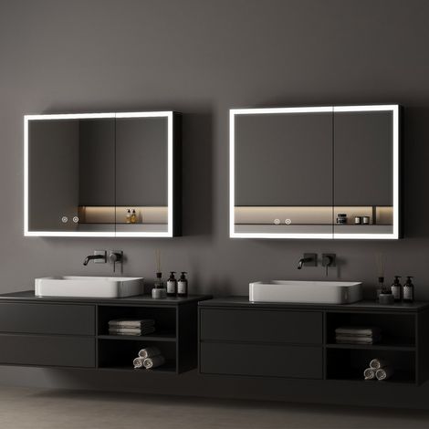 Spiegelschrank Bad mit Beleuchtung 80x60cm Bad Spiegelschrank mit Beleuchtung Badspiegel mit Beleuchtung Badschrank Hängeschränke mit 3 Einstellbare Lichtfarben Beschlagfrei, Schwarz