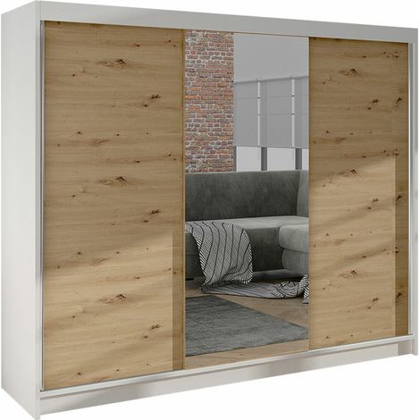 Mirjan24 – Armoire coulissante 215x200x58cm – Chêne artisan + blanc – 9 étagères – Miroir inclus – Fixation murale recommandée