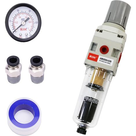 1/4"-NPT-Druckluftreglerfilter, 5-µm-Messingpatrone, Polymerbecher, halb-/automatische Spülung, Metallhalterung, Manometer (0–150 psi), Druckluftwerkzeug (1/5)