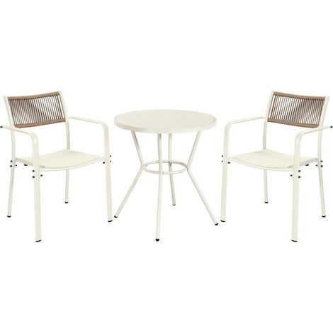 3 Piece Bistro Garden Set with 2 Rope Back Armchairs and Round Table - Plastic/Metal - L56 X W54 X H80 cm - White - Flat Packed