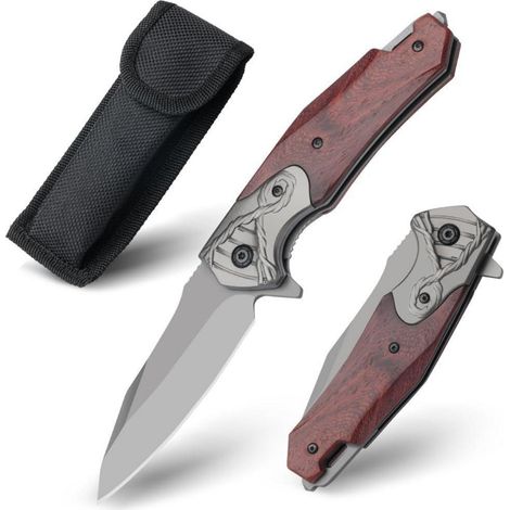 Klappmesser 2-in-1 mit Glasbrecher, Holzgriff, rostfrei, für Outdoor & EDC