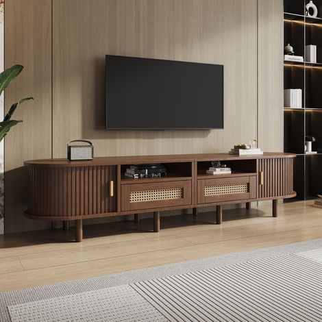 Meuble TV ovale noyer foncé 170x40x40 cm avec 2 portes coulissantes, 2 tiroirs de rangement, étagères pratiques et passage câbles, finition bois