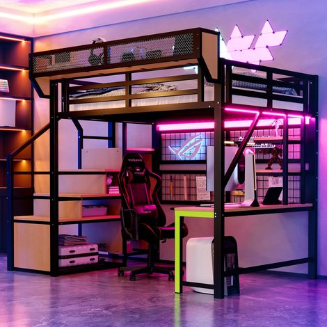 Lit mezzanine 140/200 cm noir en métal avec bureau, rangements et prises intégrées (1/5)