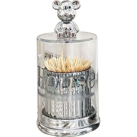 Porte cure-dents ours mignon, récipient en cristal transparent pour coton-tige, boîte de rangement avec couvercle argenté (1/5)