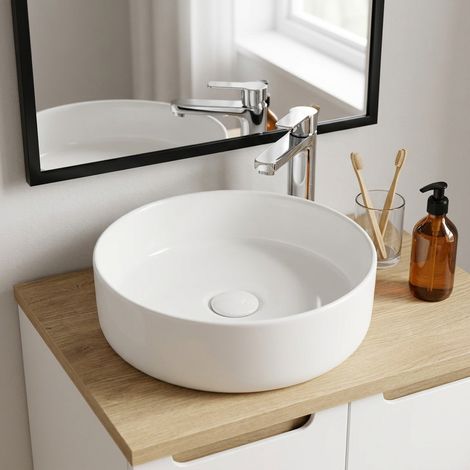 Swiss Aqua Technologies Mood 36x36 cm lavabo freestanding rotondo senza foro per rubinetto o troppopieno, bianco (SATM3636MW) (1/5)