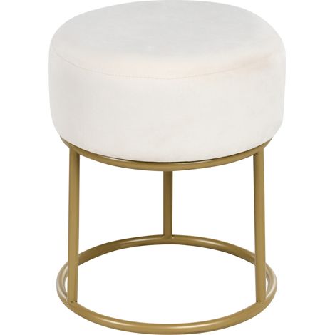 Reposapiés puf redondo de terciopelo con base de metal dorada glamuroso blanco crema Delco