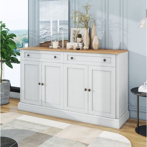 Madia 150x40x86 cm bianco e legno naturale in truciolato con 4 ante, 2 cassetti e ripiani regolabili (1/5)